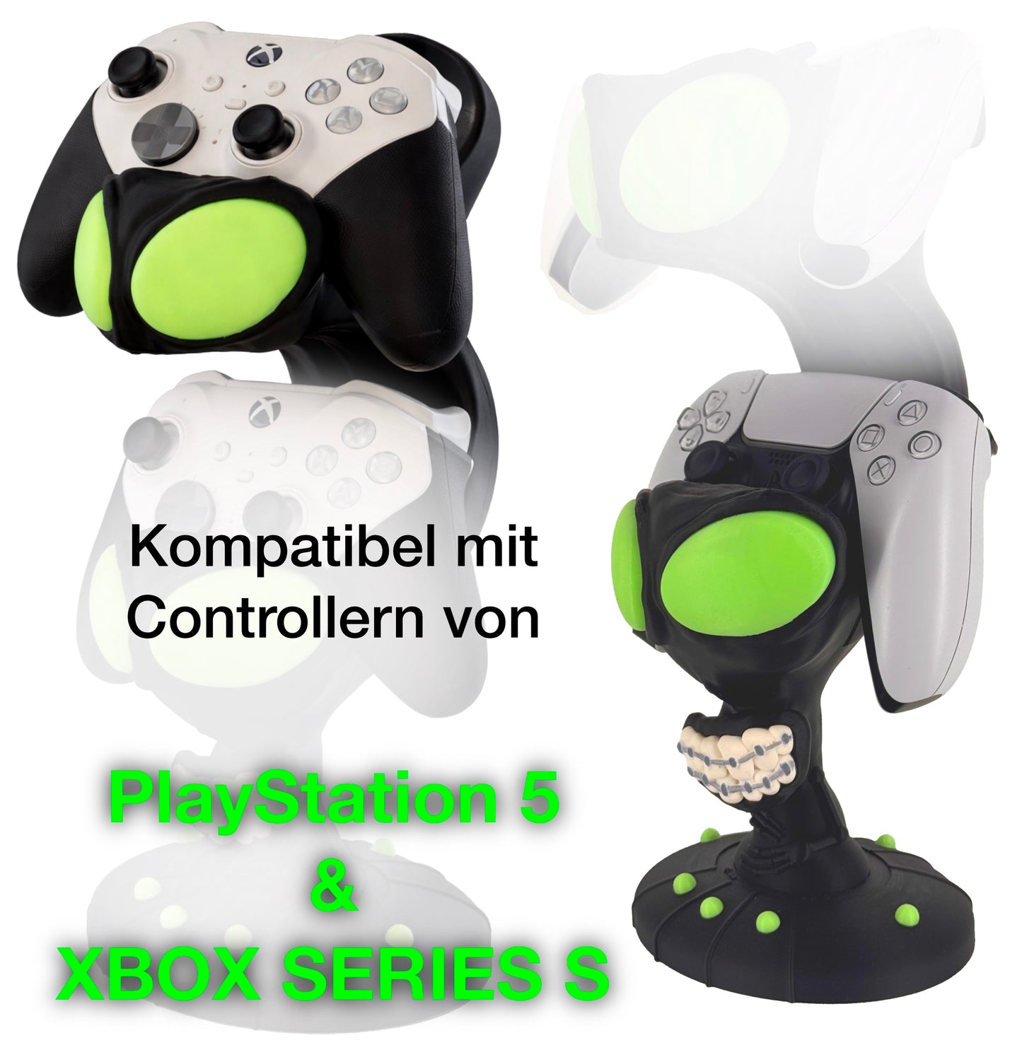 Alien Controller Ständer für PS5 & Xbox Series S/X - für 2 Controller - Glow in the Dark Augen - Gaming Setup Deko - Dual Controller Stand