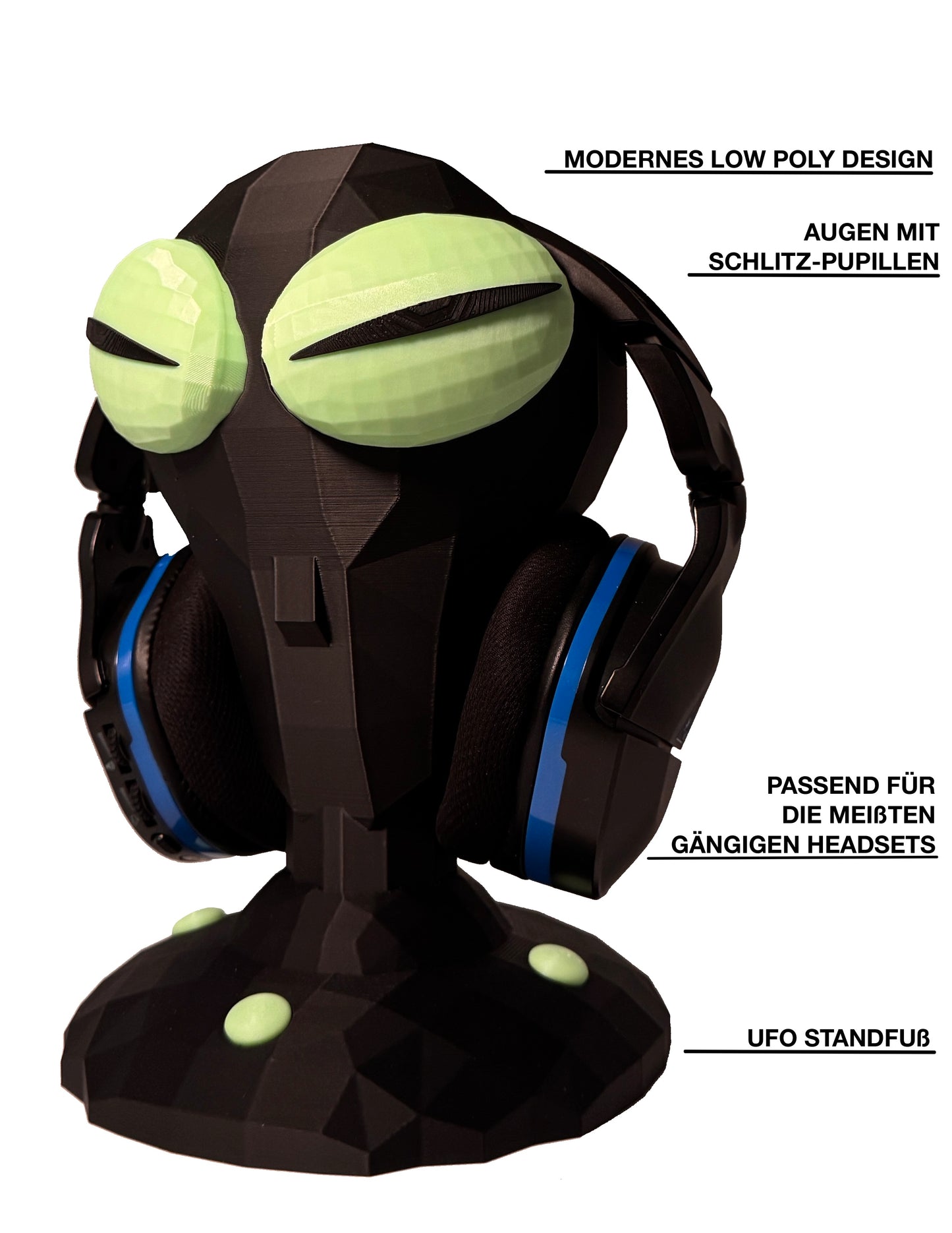 Alien Headset Halter – Glow in the Dark – Low Poly Design - Gaming Kopfhörerhalter – Sci-Fi Deko – Headphone Stand für Gaming Setup