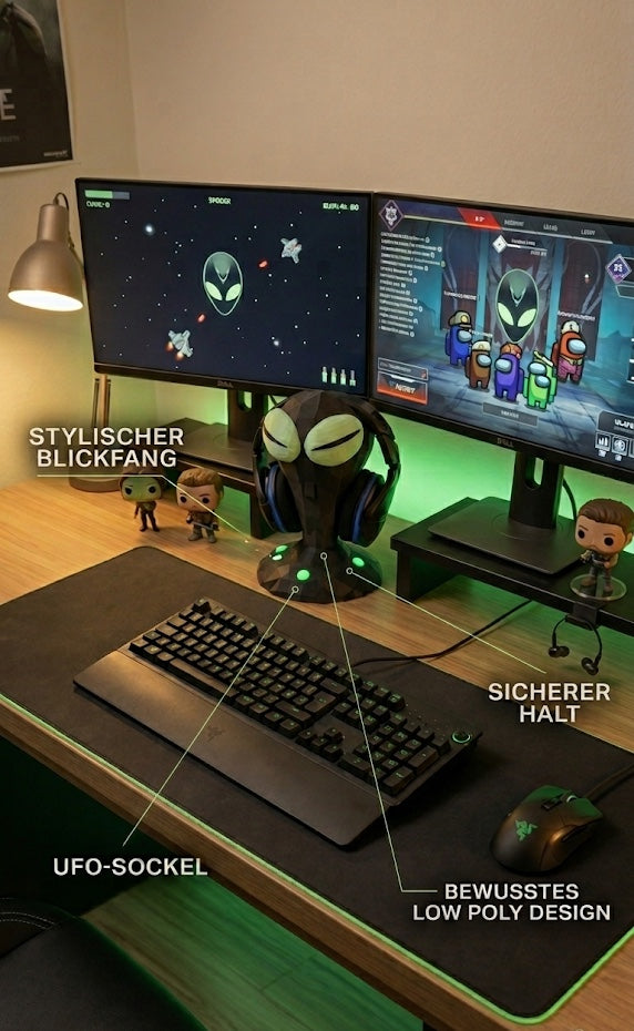Alien Headset Halter – Glow in the Dark – Low Poly Design - Gaming Kopfhörerhalter – Sci-Fi Deko – Headphone Stand für Gaming Setup